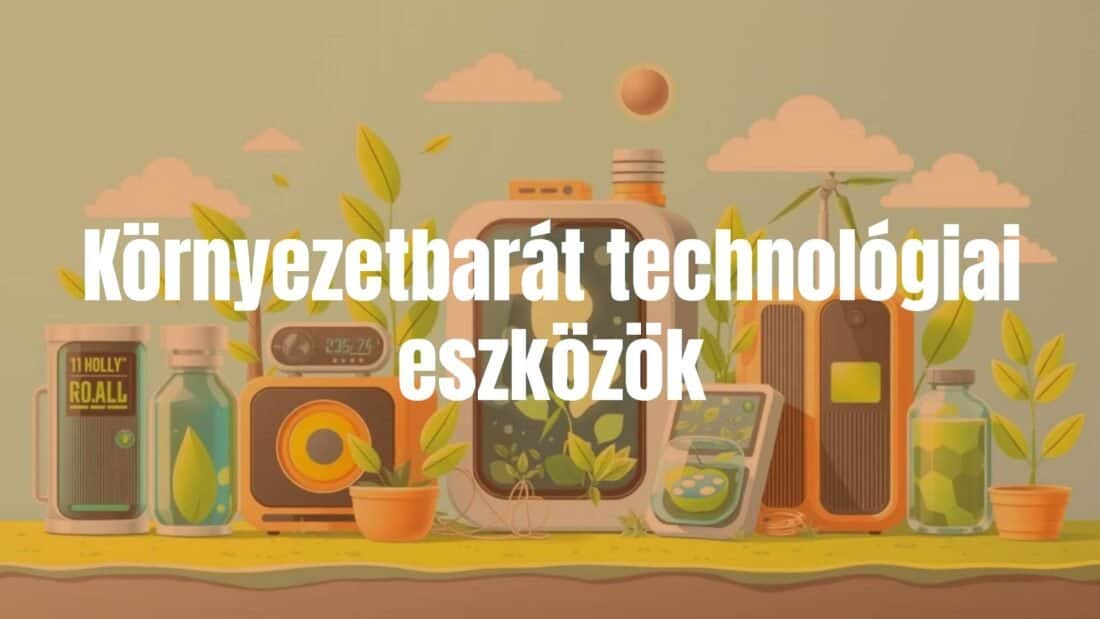 Eco-friendly technology devices, green energy, sustainable materials, modern design, clean energy concept, bright and fresh colors, illustrative style.