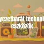Eco-friendly technology devices, green energy, sustainable materials, modern design, clean energy concept, bright and fresh colors, illustrative style.