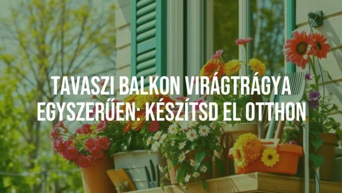 Colorful spring balcony flowers, homemade fertilizer, gardening tools, bright and cheerful, realistic.