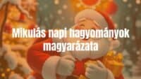 A joyful Hungarian Santa Claus (Mikulás) in a red coat with white beard, holding gifts, festive winter background, warm lighting, illustrative style.