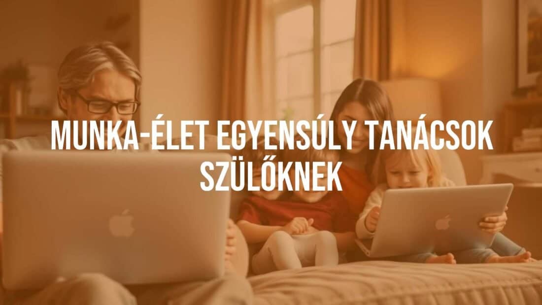 A happy family with parents and children, work-life balance, parents working on laptop while kids play nearby, cozy home environment, warm lighting, realistic.