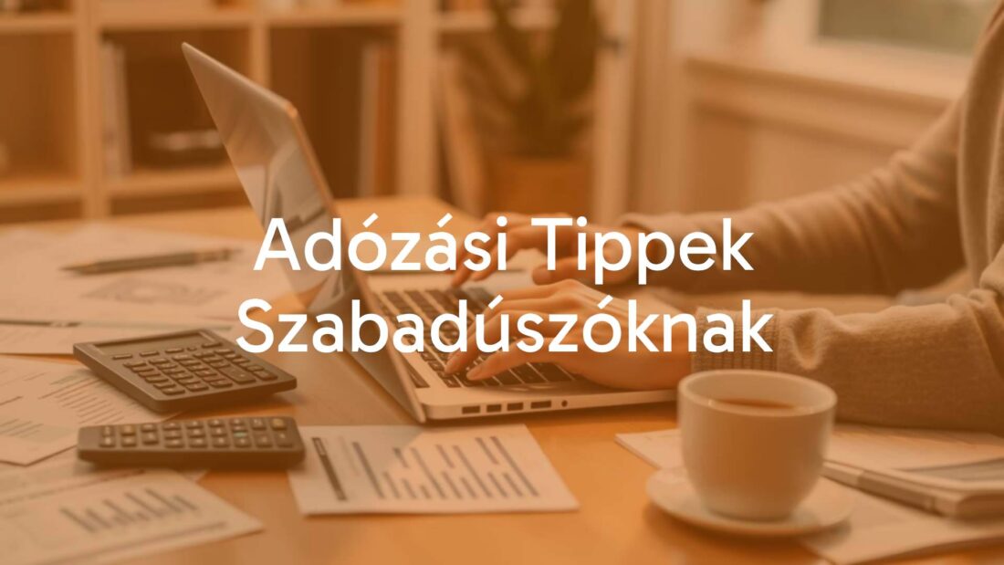 Freelancer working on laptop with tax documents, calculator, and coffee, home office setting, warm lighting, realistic.