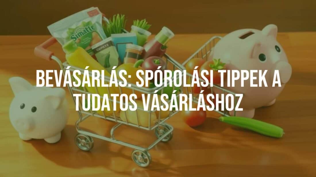 A shopping cart filled with fresh groceries and a money saving piggy bank on a wooden table, bright and cheerful, illustrative style.