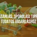 A shopping cart filled with fresh groceries and a money saving piggy bank on a wooden table, bright and cheerful, illustrative style.