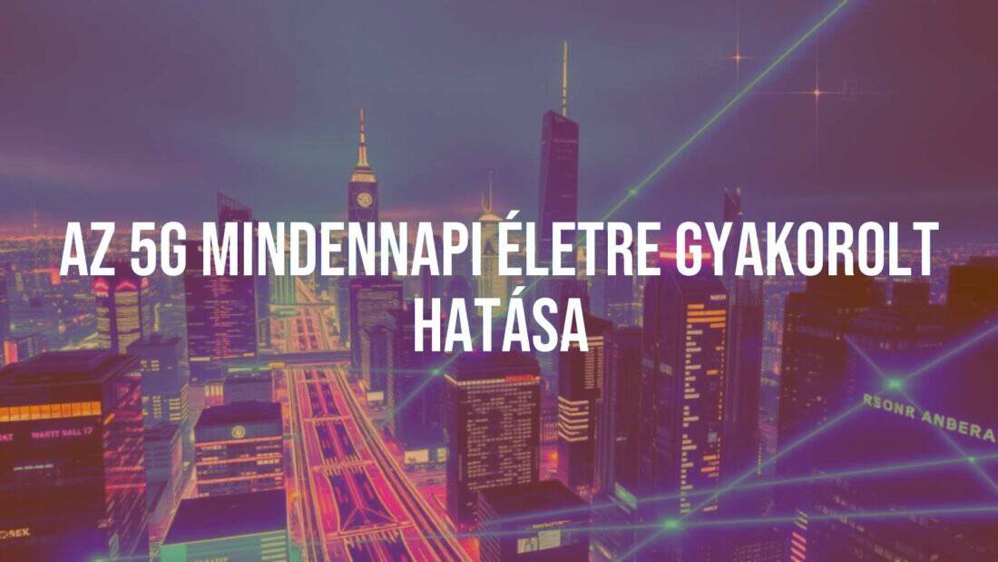 Futuristic cityscape with glowing 5G network connections, high-tech atmosphere, digital blue and purple hues, modern and sleek.