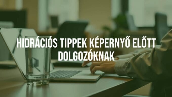 A person working on a laptop with a glass of water nearby, office setting, soft lighting, focus on hydration and wellness, realistic style.