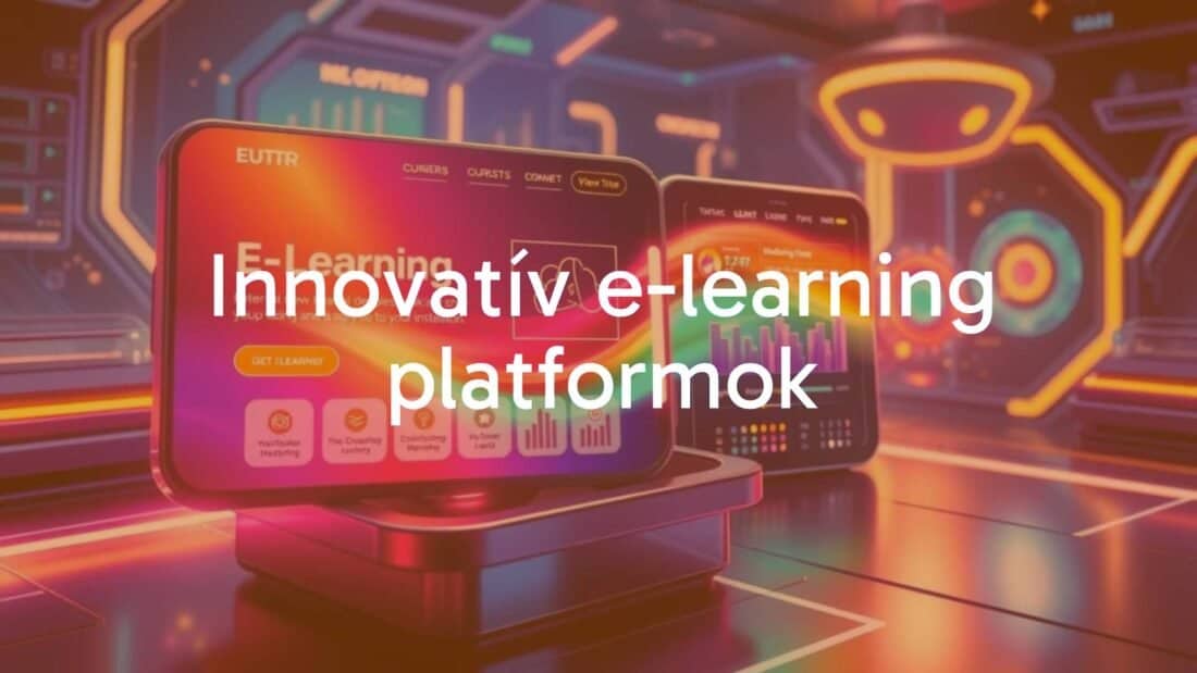 Futuristic e-learning platform, digital interface with interactive elements, vibrant colors, modern and innovative design, glow effects, technology theme.