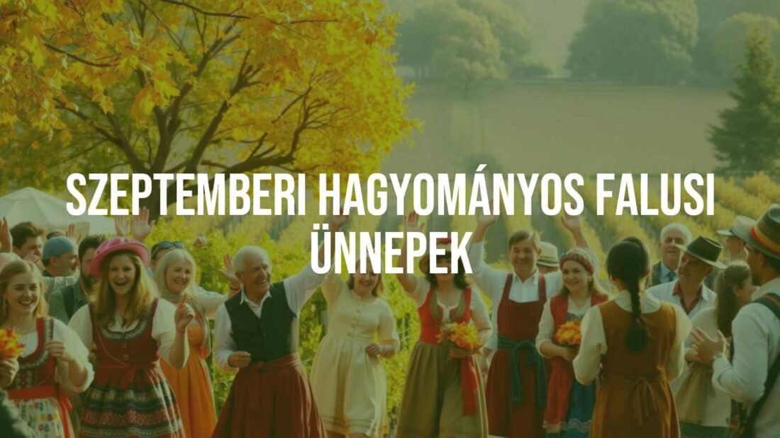 Traditional village harvest festival in September, autumn colors, people celebrating in folk costumes, vineyard in the background, festive atmosphere, warm lighting, realistic.