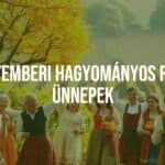 Traditional village harvest festival in September, autumn colors, people celebrating in folk costumes, vineyard in the background, festive atmosphere, warm lighting, realistic.