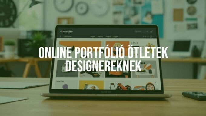 Modern designer portfolio on laptop screen, creative workspace, colorful design elements, professional and inspiring vibe.