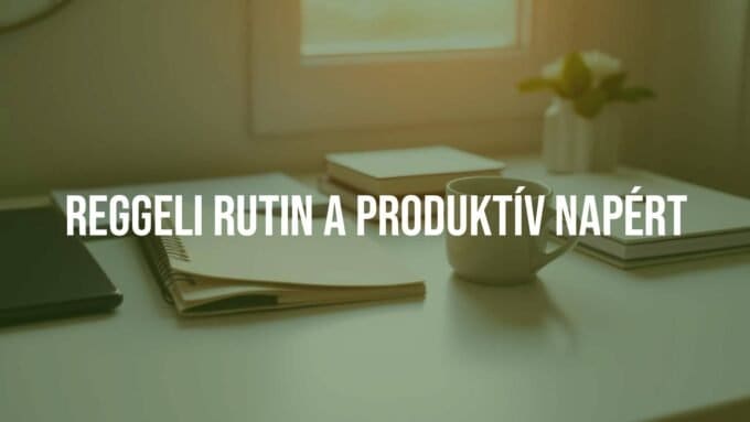 A productive morning routine, calm and focused start to the day, sunrise lighting, organized workspace with notebook and coffee, minimalist style.