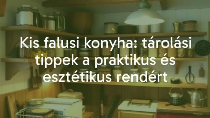 Small cozy rustic kitchen with organized storage, wooden shelves, jars of preserves, warm lighting, vintage feel.